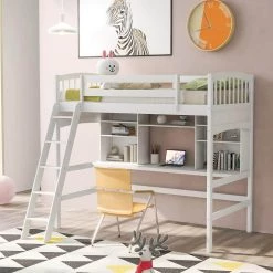 White Twin Size Loft Bed with Storage Shelves, Desk and Ladder by GODEER
