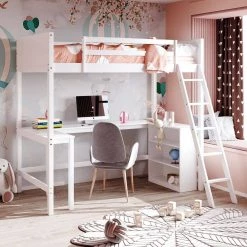 White Twin Size Loft Bed with Shelves and Desk, Wooden Loft Bed with Desk by GODEER