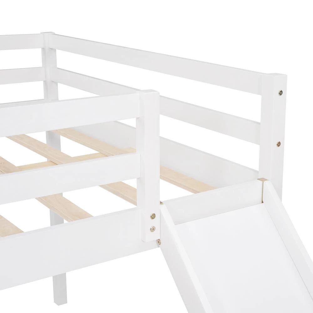 White Full Size L-Shaped Loft Bed with Built-in Ladders and Slide, Wooden Loft Beds by GODEER - Image 8