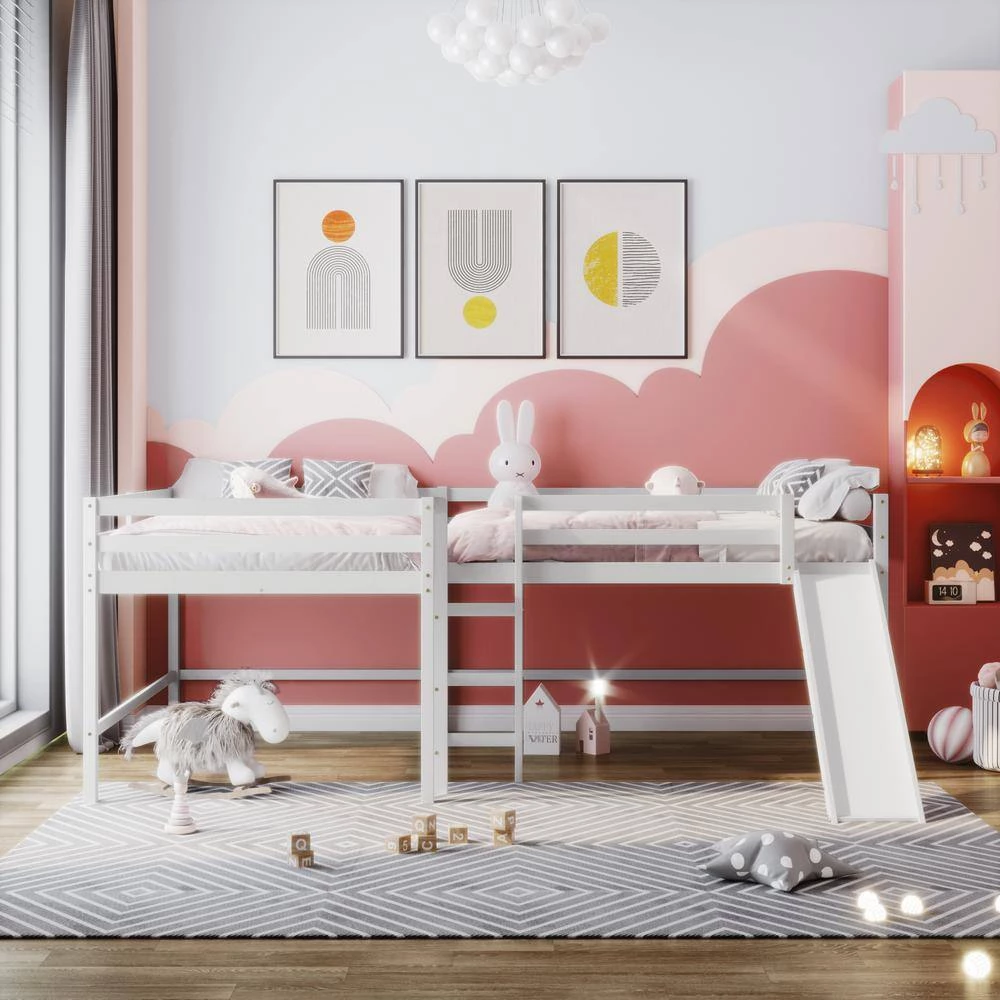 White Full Size L-Shaped Loft Bed with Built-in Ladders and Slide, Wooden Loft Beds by GODEER - Image 10