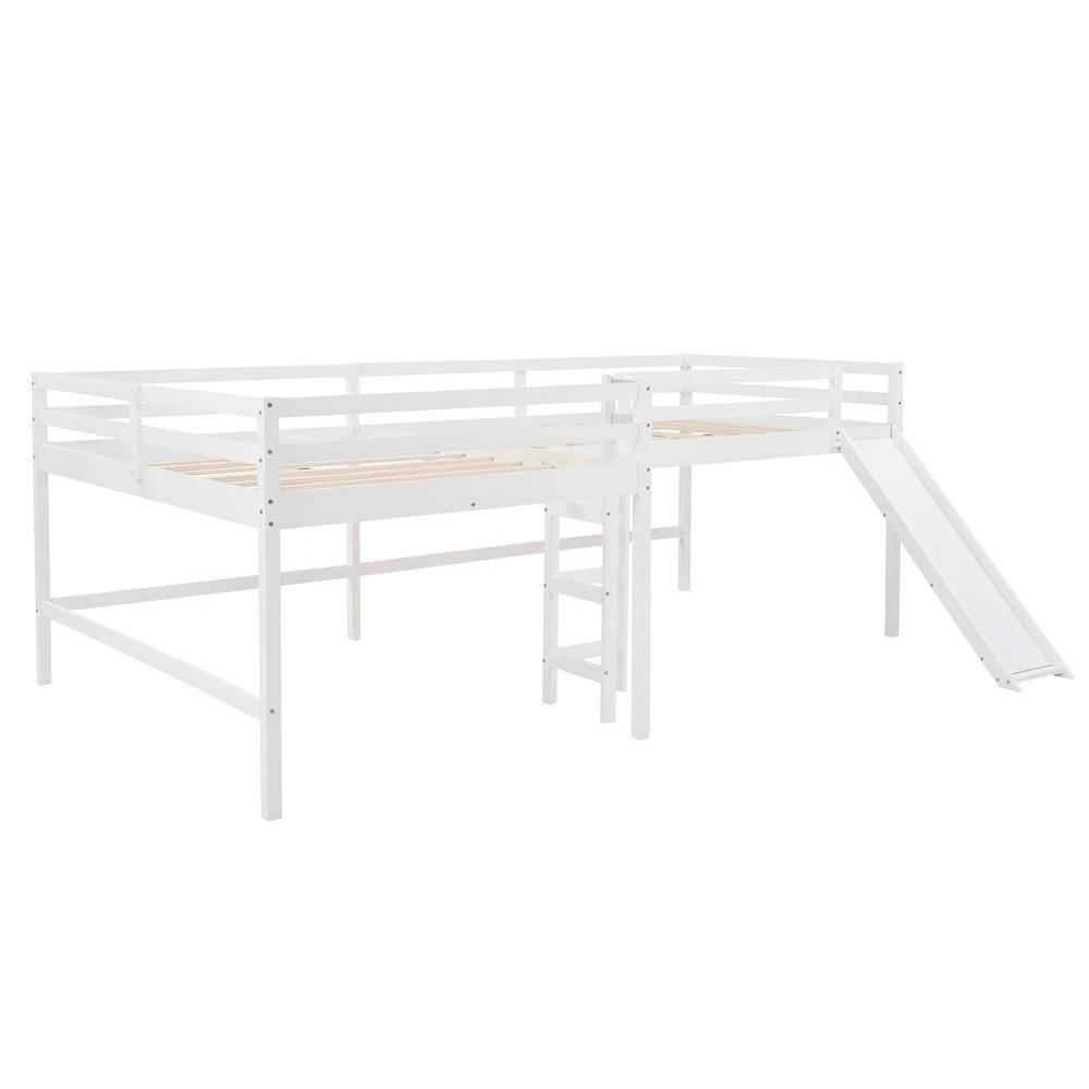 White Full Size L-Shaped Loft Bed with Built-in Ladders and Slide, Wooden Loft Beds by GODEER - Image 2