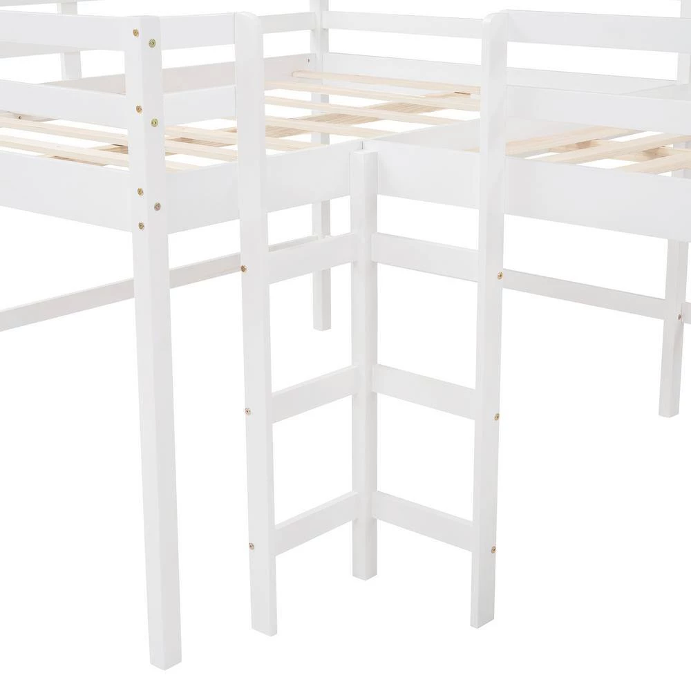 White Full Size L-Shaped Loft Bed with Built-in Ladders and Slide, Wooden Loft Beds by GODEER - Image 7