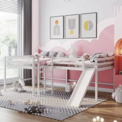 White Full Size L-Shaped Loft Bed with Built-in Ladders and Slide, Wooden Loft Beds by GODEER