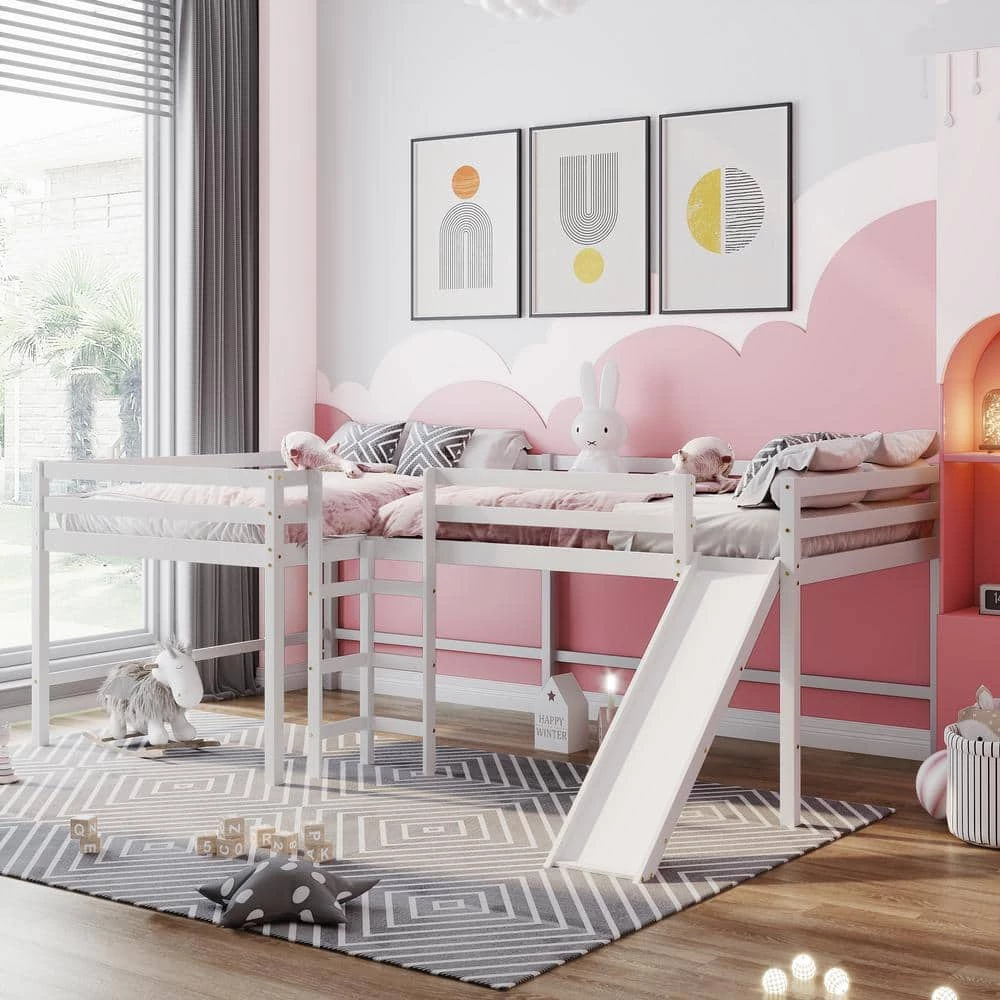 White Full Size L-Shaped Loft Bed with Built-in Ladders and Slide, Wooden Loft Beds by GODEER