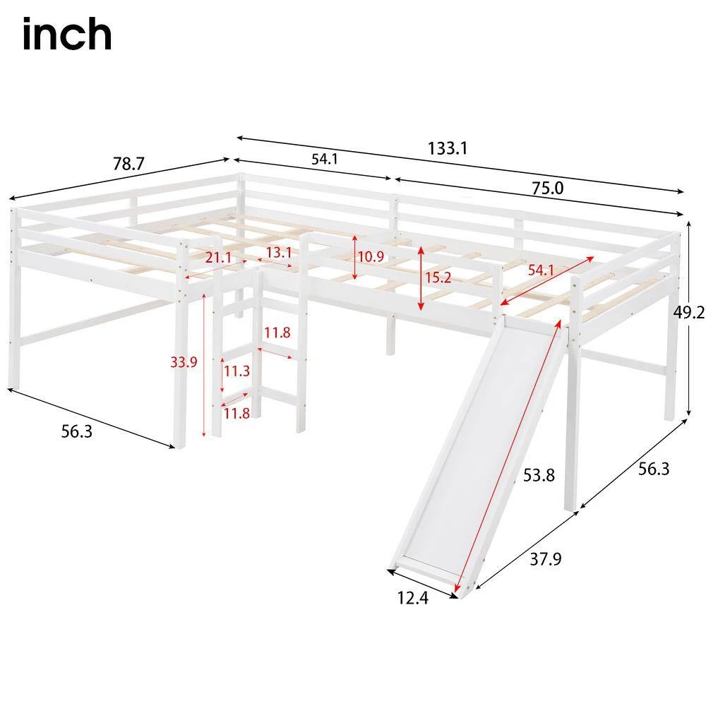 White Full Size L-Shaped Loft Bed with Built-in Ladders and Slide, Wooden Loft Beds by GODEER - Image 4