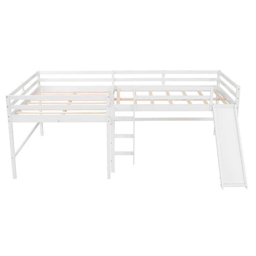 White Full Size L-Shaped Loft Bed with Built-in Ladders and Slide, Wooden Loft Beds by GODEER - Image 5