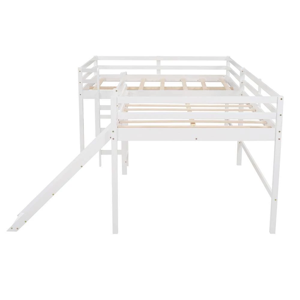 White Full Size L-Shaped Loft Bed with Built-in Ladders and Slide, Wooden Loft Beds by GODEER - Image 3