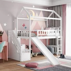White Twin Loft Bed with 2 Drawers and Slide, House Bed with Slide by GODEER
