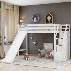 White Twin Loft Bed with Storage and Slide by GODEER