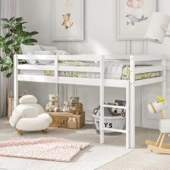 White Twin Loft Bed with Guard Rail & Ladder, No Box Spring Needed, Easy Assembly by GODEER