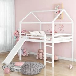 White Full Size Loft Bed with Slide, House Bed with Slide by GODEER