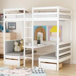 White Twin Size Functional Loft Bed Turn into Upper Bed and Down Desk，Cushion Sets are Free by GODEER