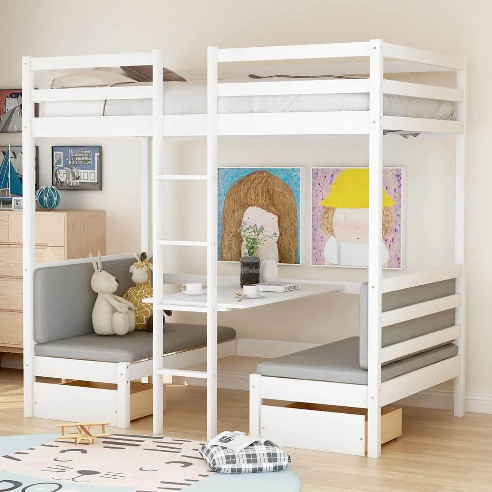 White Twin Size Functional Loft Bed Turn into Upper Bed and Down Desk,Cushion Sets are Free by GODEER