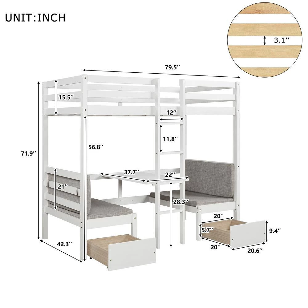 White Twin Size Functional Loft Bed Turn into Upper Bed and Down Desk,Cushion Sets are Free by GODEER - Image 4