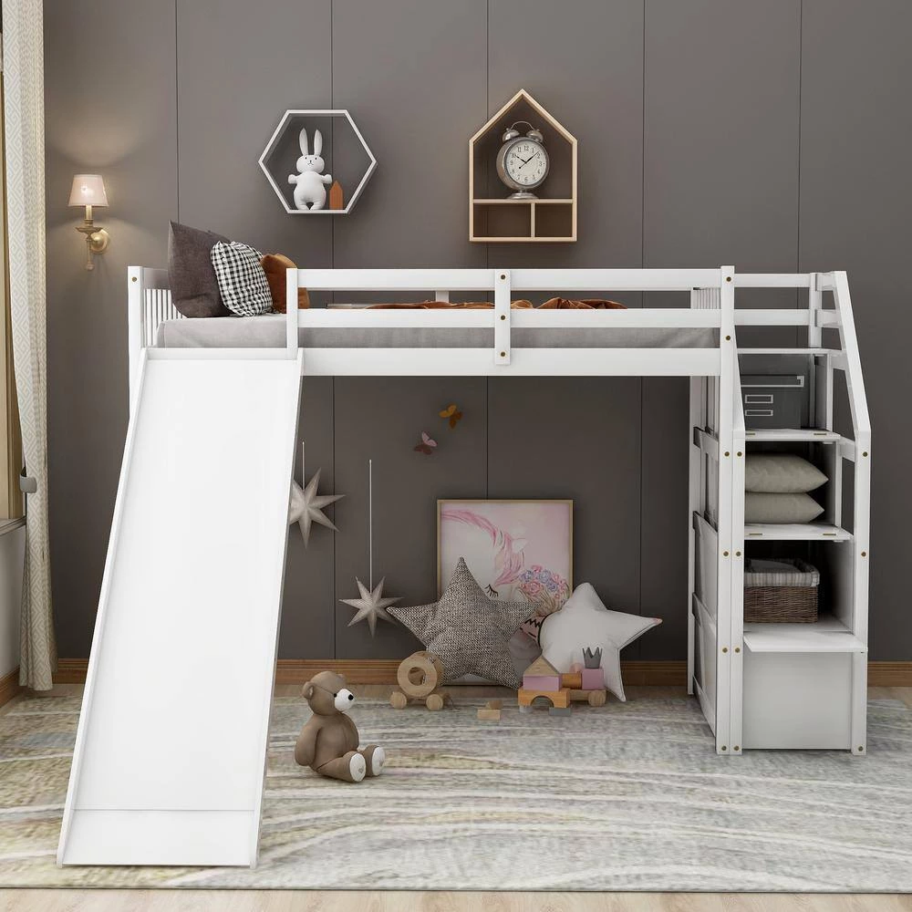 White Twin Size Loft Bed with Storage and Slide by GODEER - Image 7
