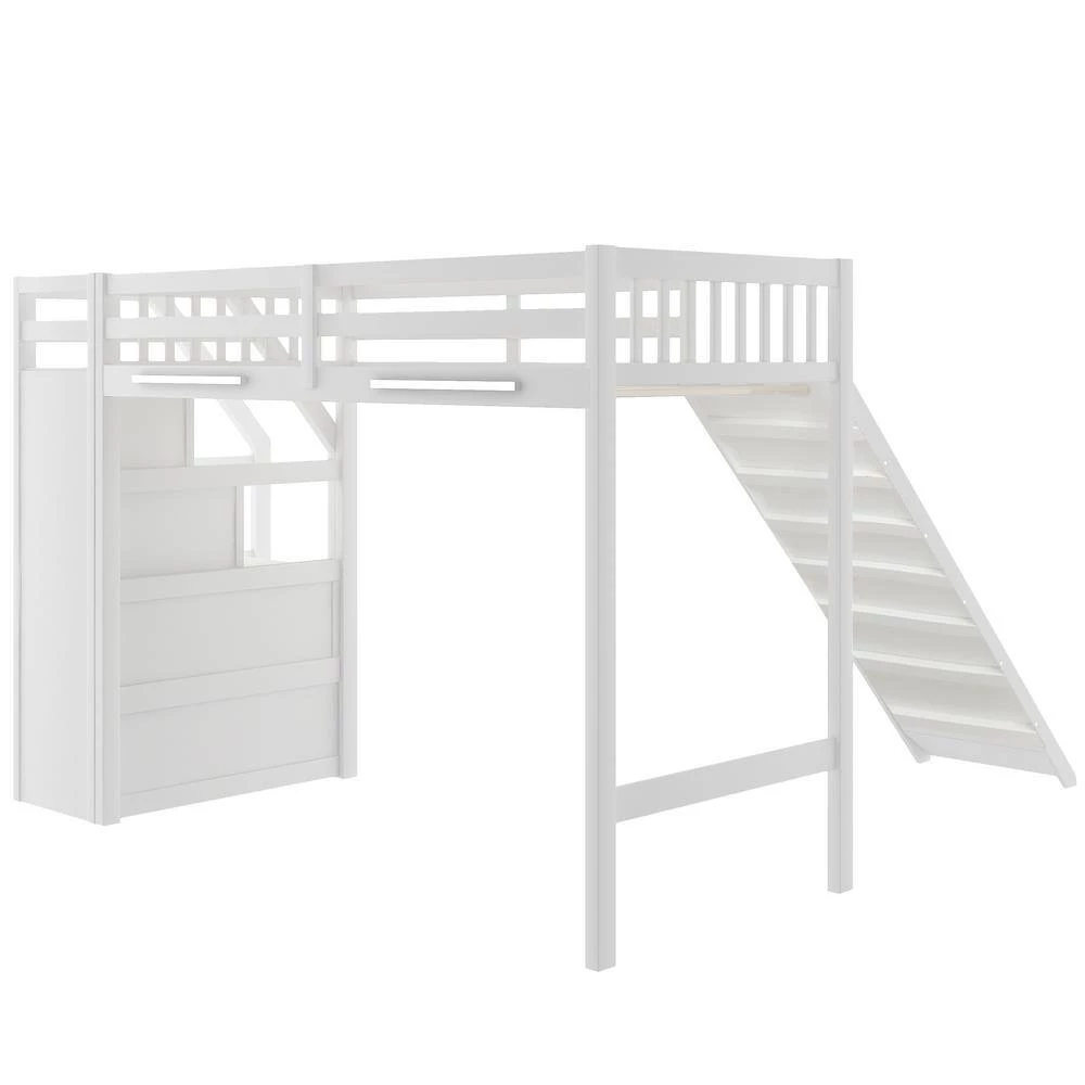 White Twin Size Loft Bed with Storage and Slide by GODEER - Image 2