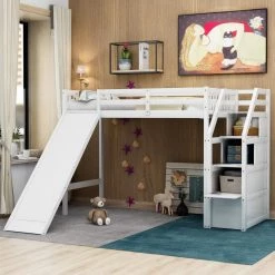 White Twin Size Loft Bed with Storage and Slide by GODEER