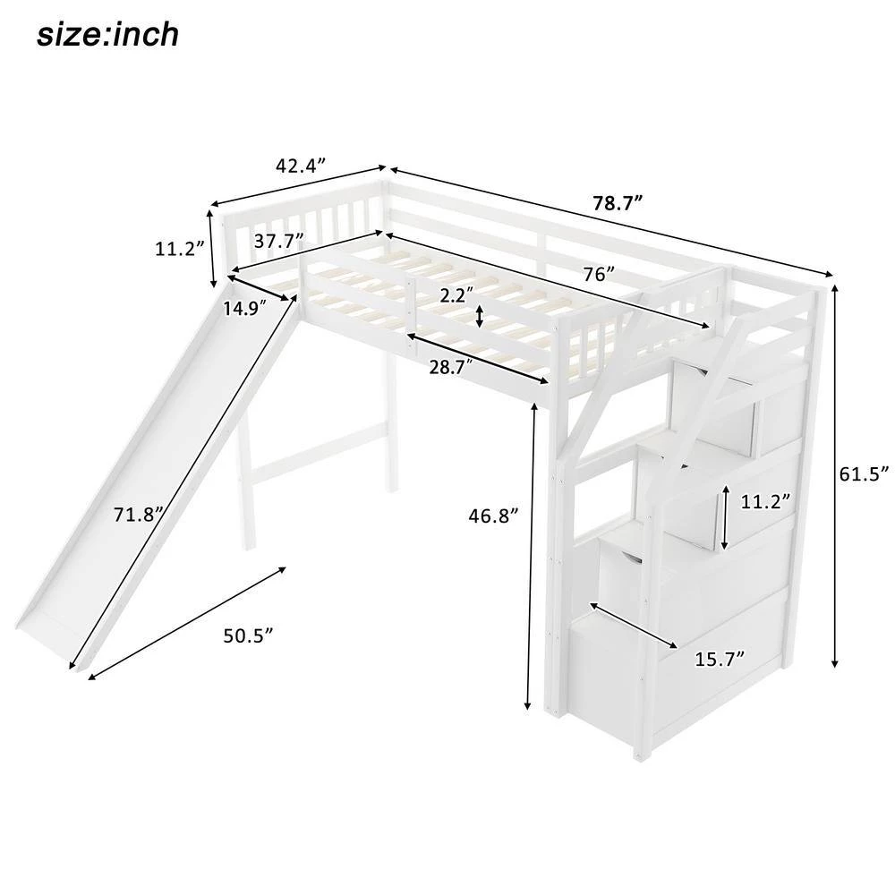 White Twin Size Loft Bed with Storage and Slide by GODEER - Image 4