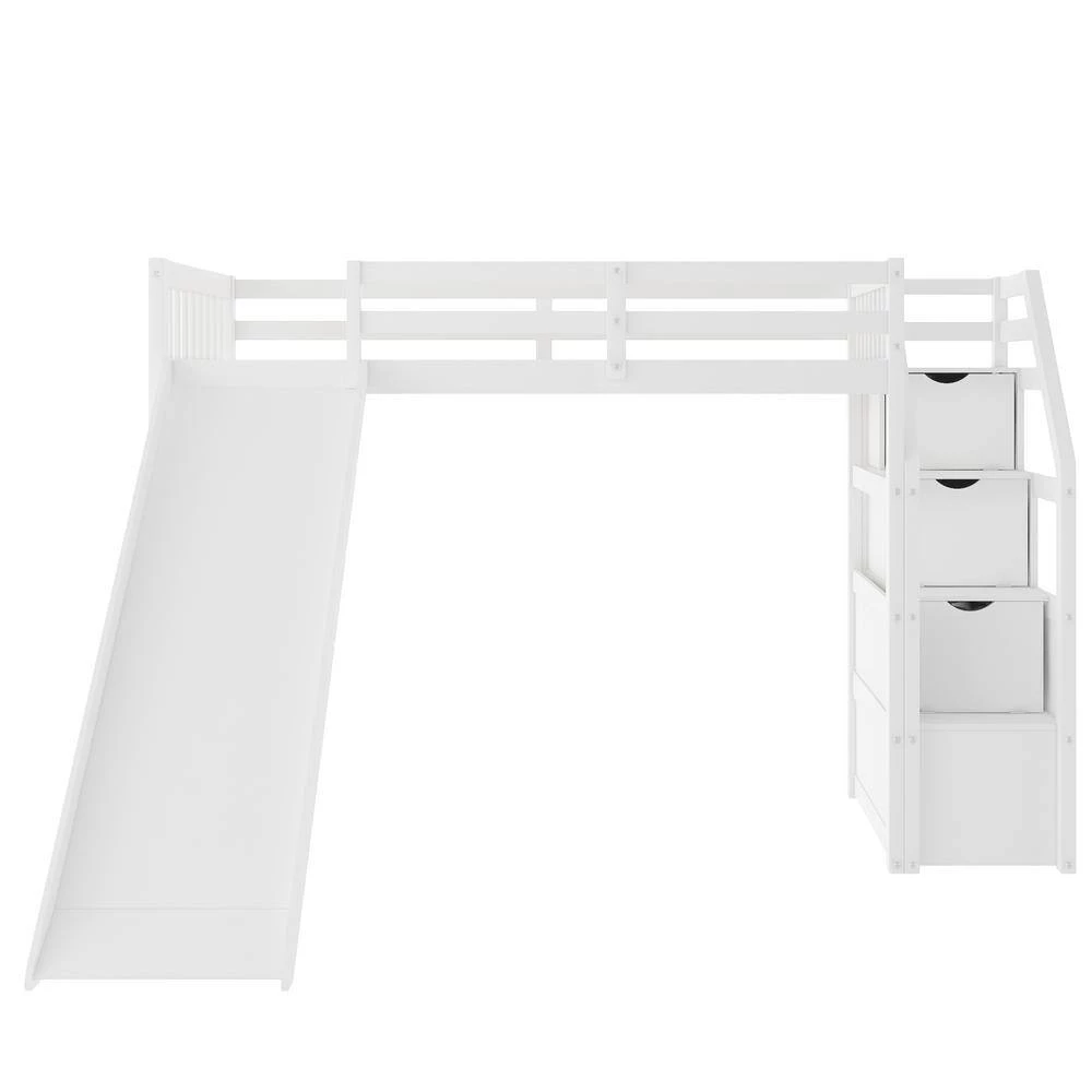 White Twin Size Loft Bed with Storage and Slide by GODEER - Image 5
