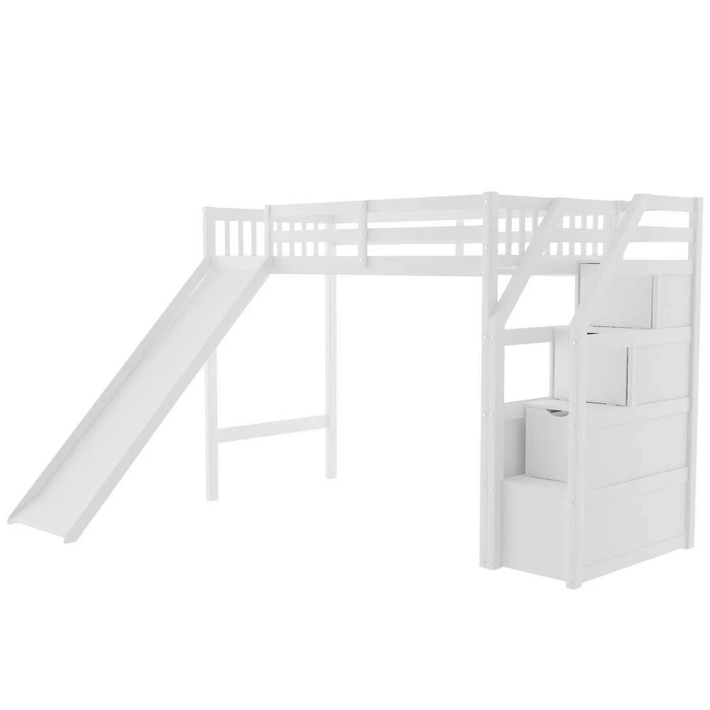 White Twin Size Loft Bed with Storage and Slide by GODEER - Image 3