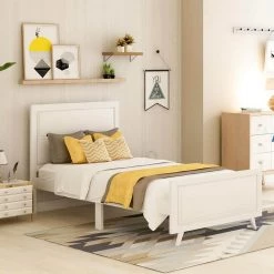 79 in. W White Twin Wood Frame Platform Bed with Headboard and Wood Slat Support by GODEER