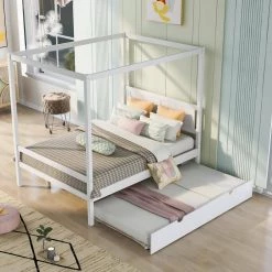 80 in. W White Wood Frame Full Size Canopy Platform Bed with Trundle, with Slat Support Leg by GODEER
