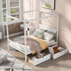 80 in. W White Full Size Canopy Platform Bed with 2-Drawers, with Slat Support Leg by GODEER