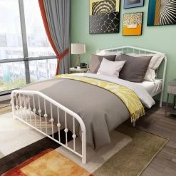 83.07 in. W White Metal Frame Queen Platform Bed with Headboard and Footboard, Heavy Duty Steel Slats by GODEER