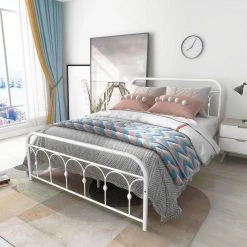 83.54 in. W White Metal Frame Queen Size Platform Bed with Headboard and Footboard by GODEER
