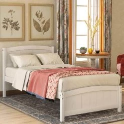 White Twin Wood Platform Bed with Headboard, Footboard and Wood Slat Support by GODEER