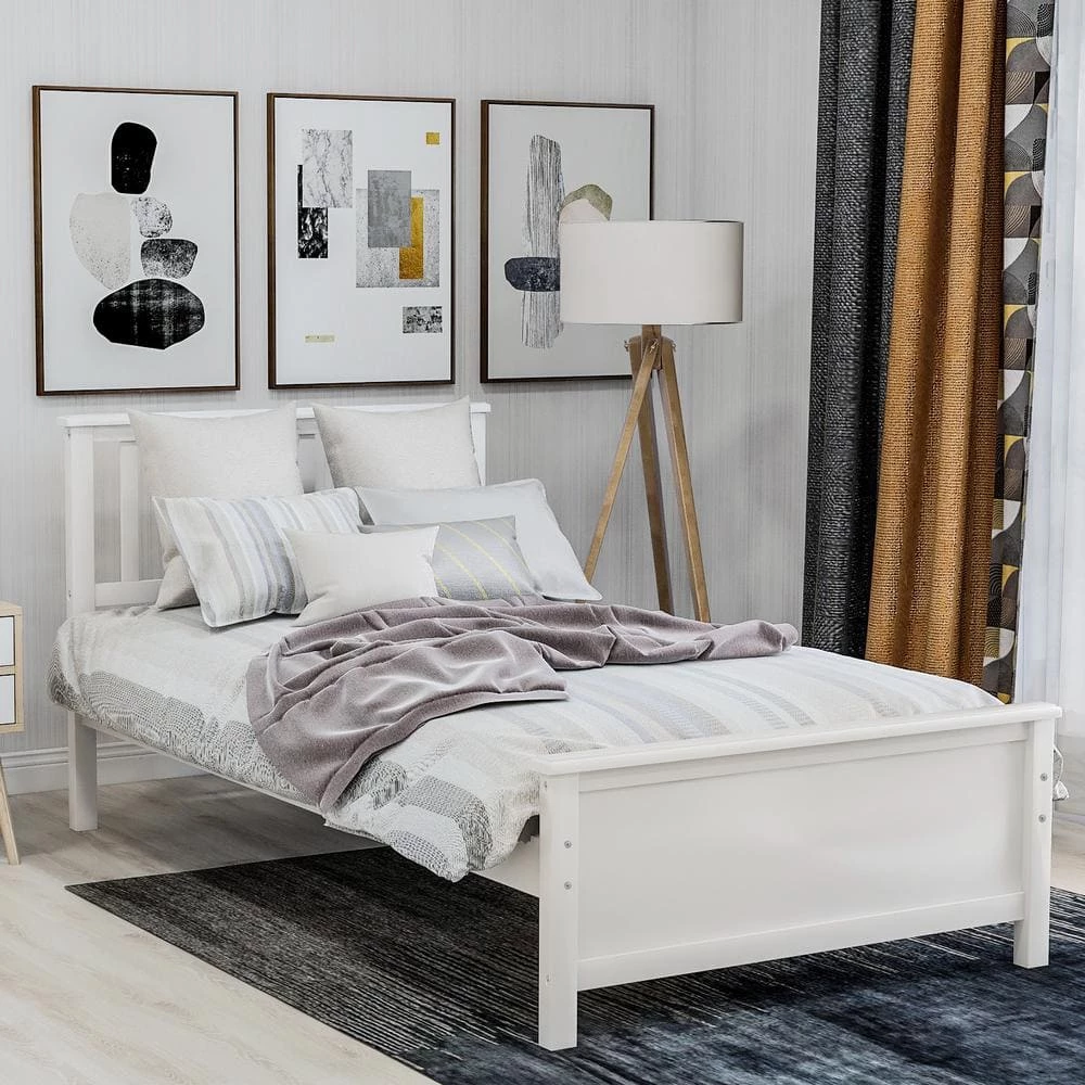 80 in. White Twin Size Wood Platform Bed with Headboard, Footboard and Wood Slat Support by GODEER