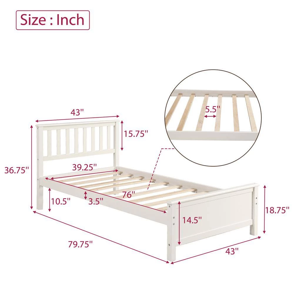 80 in. White Twin Size Wood Platform Bed with Headboard, Footboard and Wood Slat Support by GODEER - Image 4