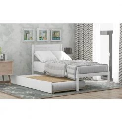 80 in. W White Twin Size Platform Bed Wood Platform Bed with Trundle by GODEER