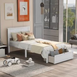 76 in. W Gray Twin Size Platform Bed with Under-bed Drawer by GODEER