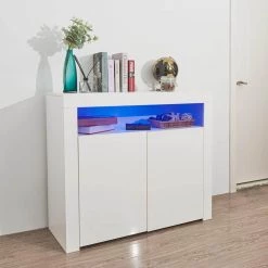 White Sideboard Storage Cabinet with LED Light and 2 Doors for Hallway Dining Room by GODEER