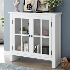 White Wood Accent Buffet Sideboard Storage Cabinet with Doors and Adjustable Shelf by GODEER