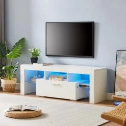 51.20 in. White TV Stand Fits TV's up to 55 in. with LED Lights, High Glossy front TV Cabinet by GODEER