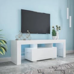 51.18 in. White TV Stand Fits TV's up to 55 in. with LED Light TV Cabinet by GODEER