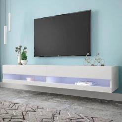 70.87 in. White TV Stand Fits TV's up to 80 in. Wall Mounted Floating TV Stand with 20 Color LEDs by GODEER