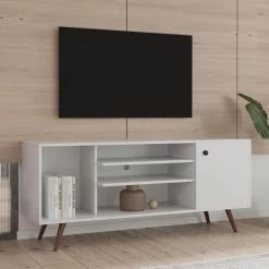 53 in. White TV Stand Fits TV's up to 55 in. with 1 Storage and 2 Shelves Cabinet, High Quality Particle Board by GODEER