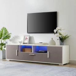 63.00 in. White+Gray TV Stand Fits TV's up to 65 in. with LED Lights, High Glossy front TV Cabinet, in Lounge Room by GODEER