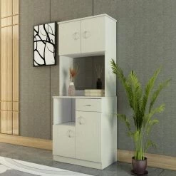 White Oak Modern Kitchen Pantry with Buffet Cabinet, 4-Door and --Drawer, Cupboard Doors and Shelves by GODEER