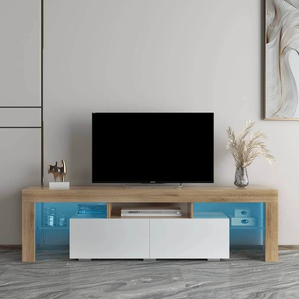 63.00 in. White/Rustic Oak TV Stand Fits TV's up to 70 in. with Simple Design TV Stand Cabinet by GODEER - Image 10