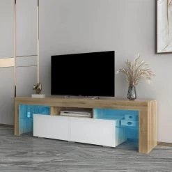 63.00 in. White/Rustic Oak TV Stand Fits TV's up to 70 in. with Simple Design TV Stand Cabinet by GODEER