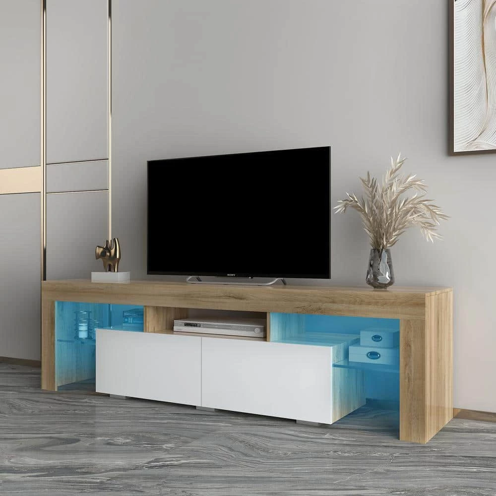 63.00 in. White/Rustic Oak TV Stand Fits TV's up to 70 in. with Simple Design TV Stand Cabinet by GODEER