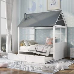 White with Gray Roof Full Size Wood House Bed with Twin Size Trundle, Wooden Daybed by GODEER